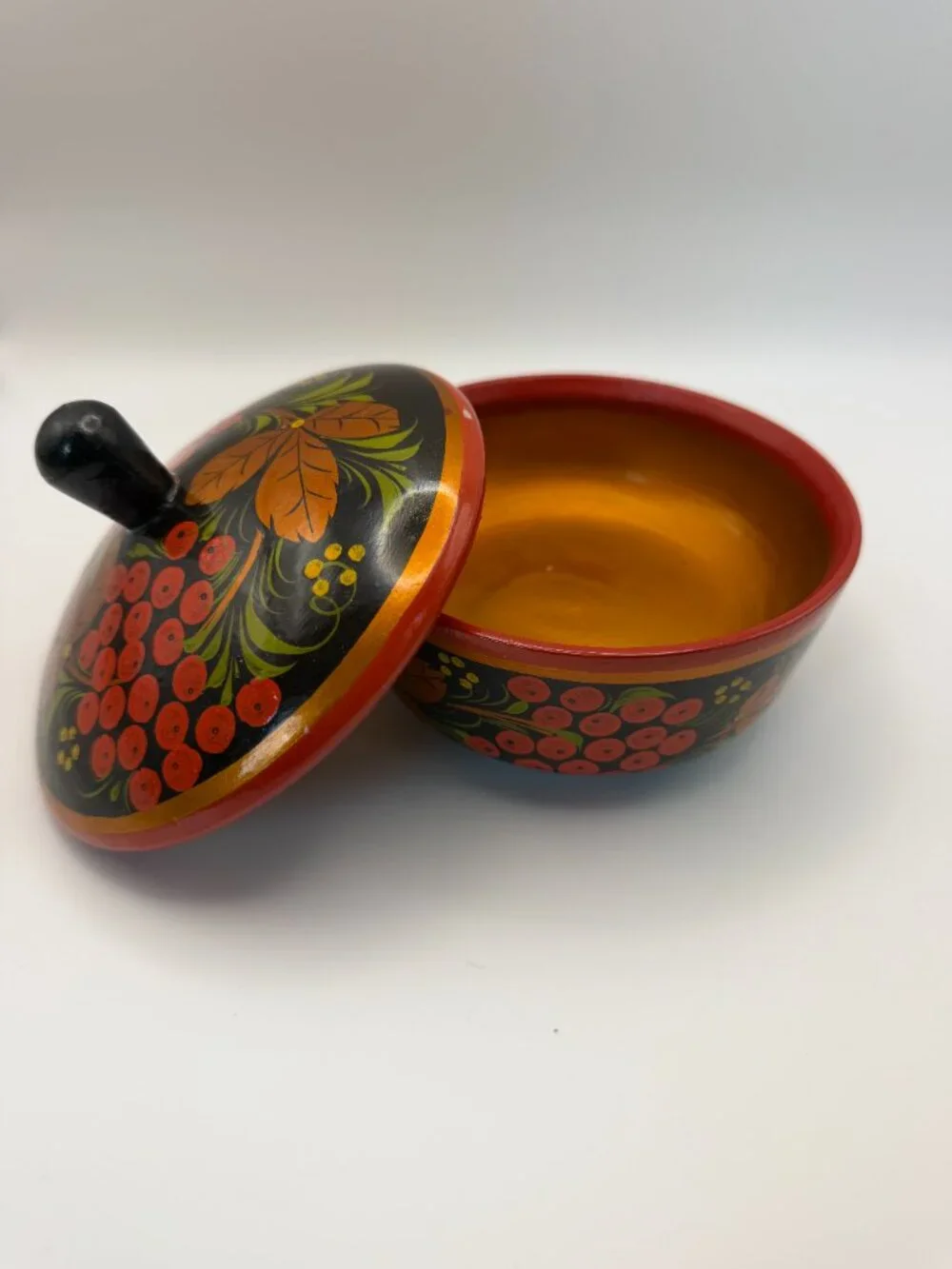 Vintage Russian Khokhloma Hand Painted Wooden Lidded Bowl Folk Art Black Red